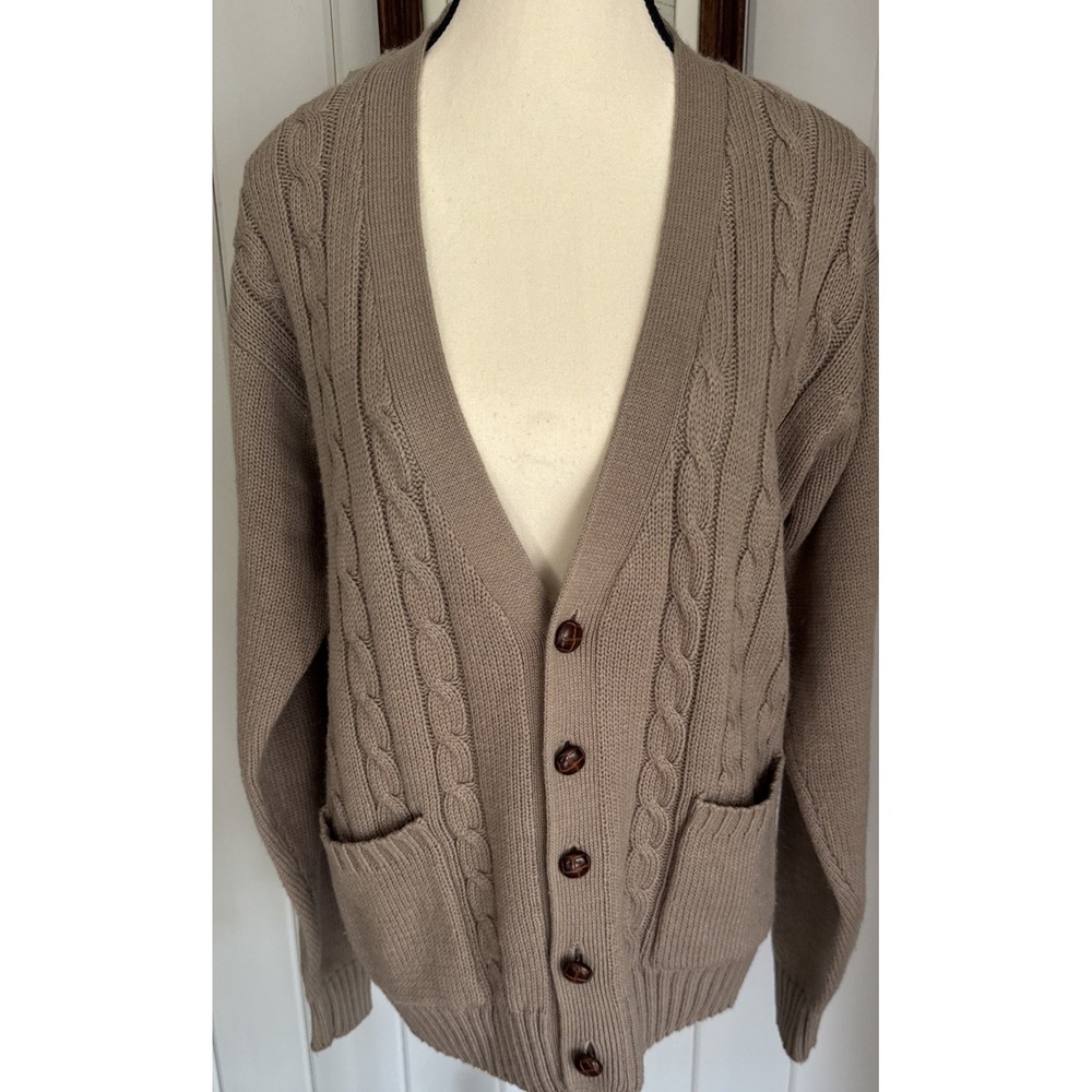 Van Cort Cardigan Sweater Mens Medium Tan Brown Cable Knit Grandpa Cozy
